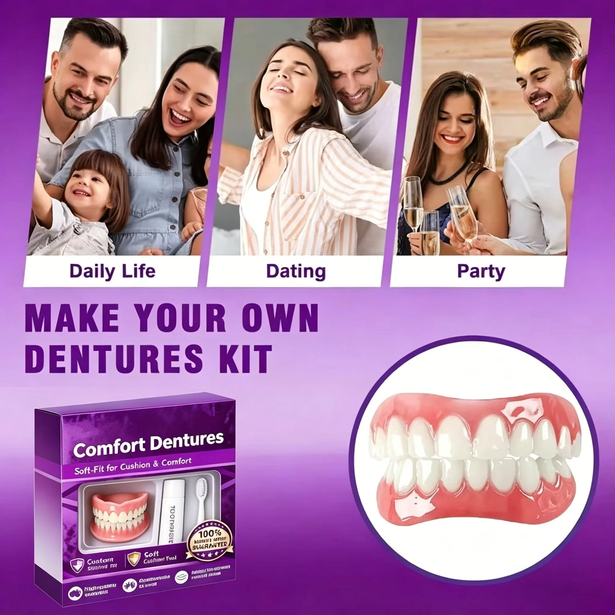 Comfort Fit Silicone Cosmetic Dentures for Natural Smile