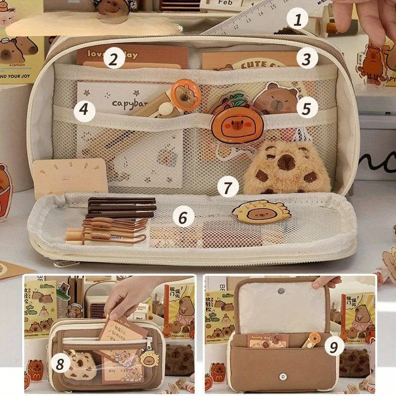 Large Capacity Capybara Multi-Layer Stationery and Makeup Bag