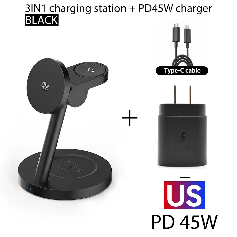 3-in-1 Magnetic Fast Wireless Charging Stand for Phone Watch and Earbuds