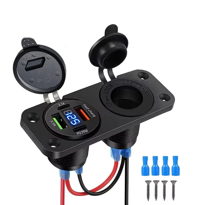 Dual USB Car Charger Socket with Voltmeter and Cigarette Lighter - 16