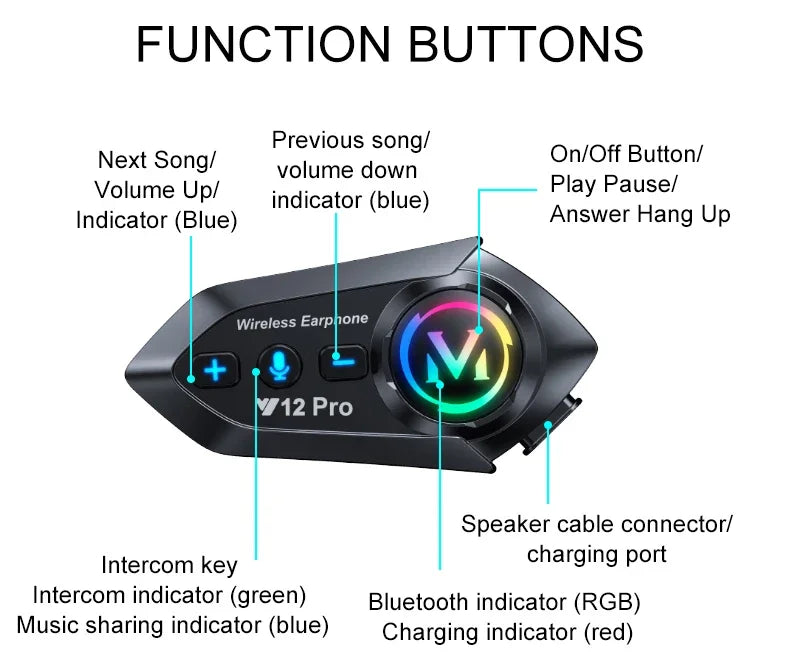 Wireless Motorcycle Helmet Bluetooth Headset with 500M Intercom - 21