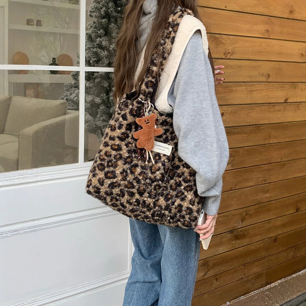 Leopard Print Plush Tote Bag for Daily Commute - 2