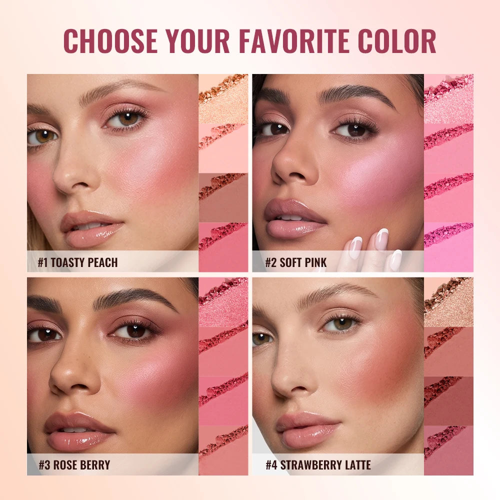 4-Color Matte Blush Palette with Makeup Brush - 4