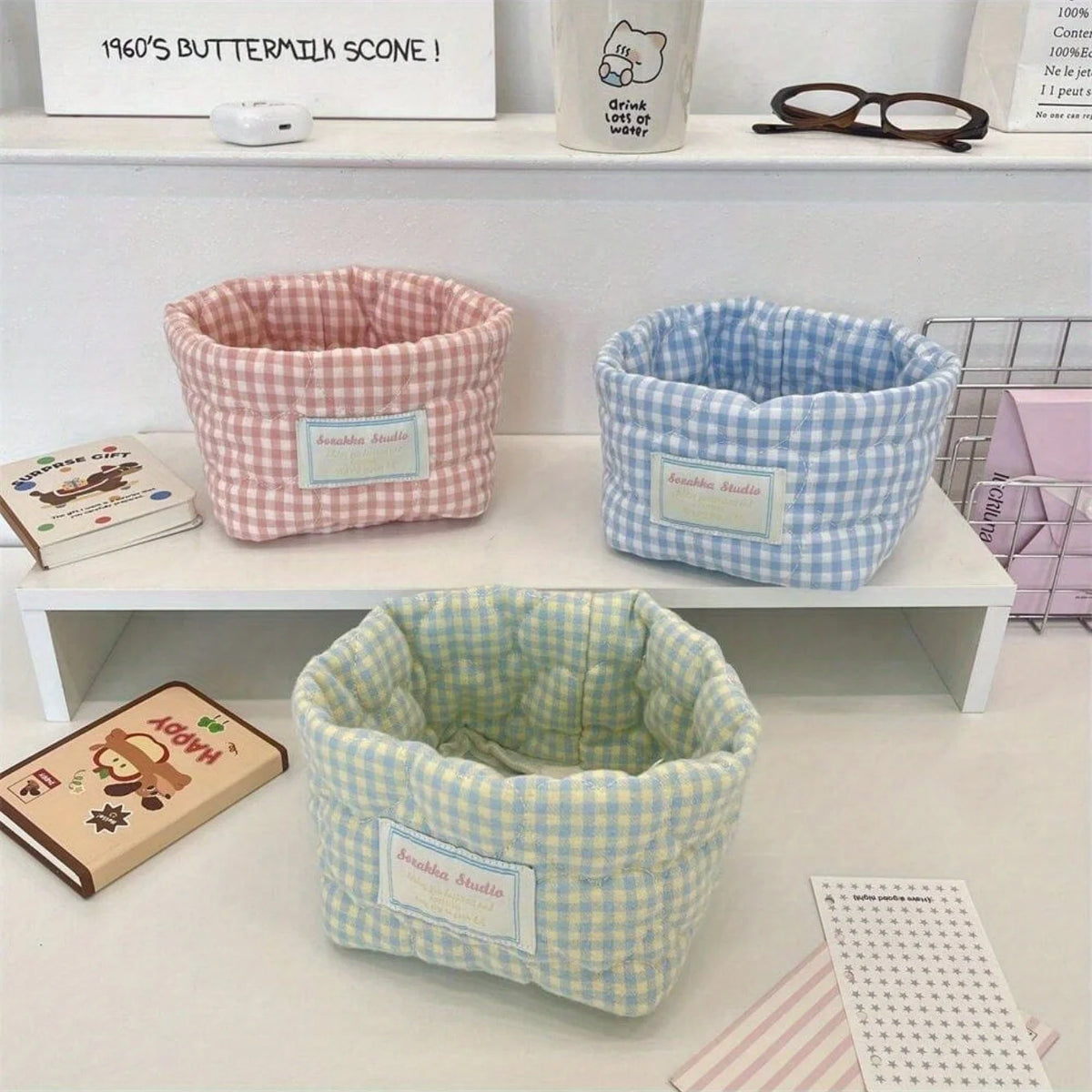 Foldable Plaid Quilted Desktop Storage Basket