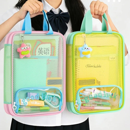 3-Layer Large Capacity Transparent Mesh Student Tote Bag