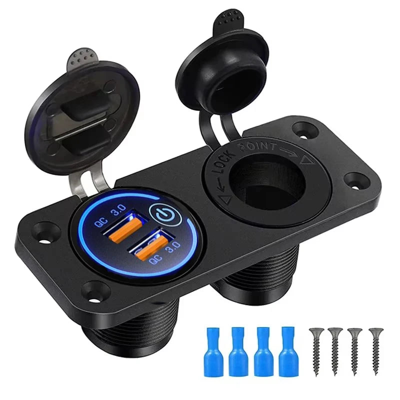 Dual USB Car Charger Socket with Voltmeter and Cigarette Lighter