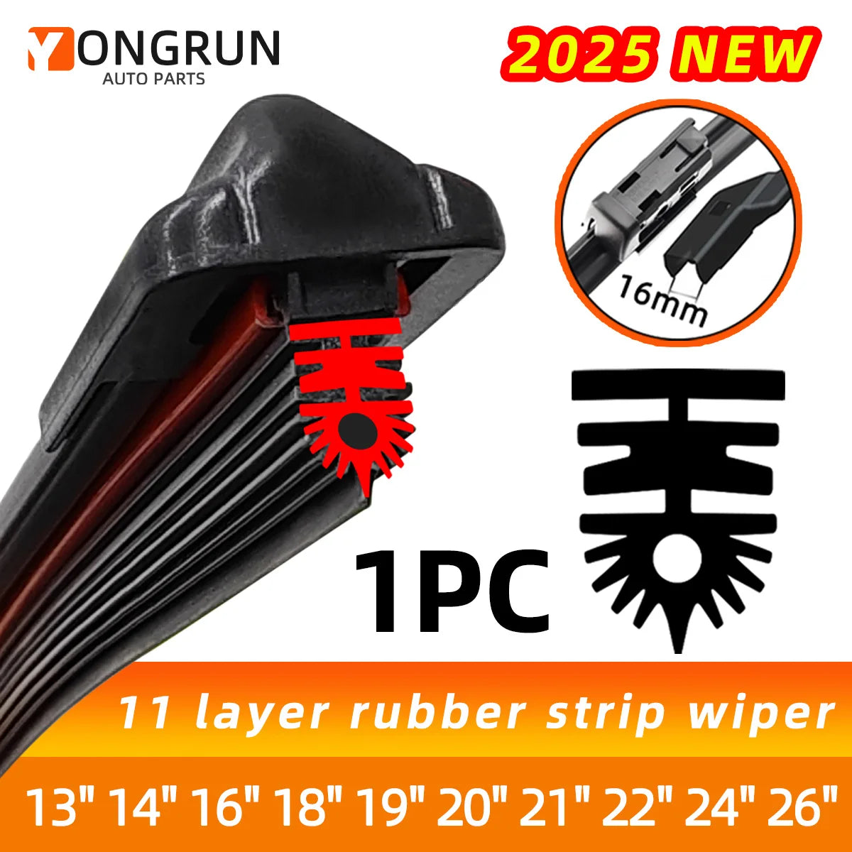 11-Layer Rubber Car Windshield Wiper Blade for 16mm Interface - 1