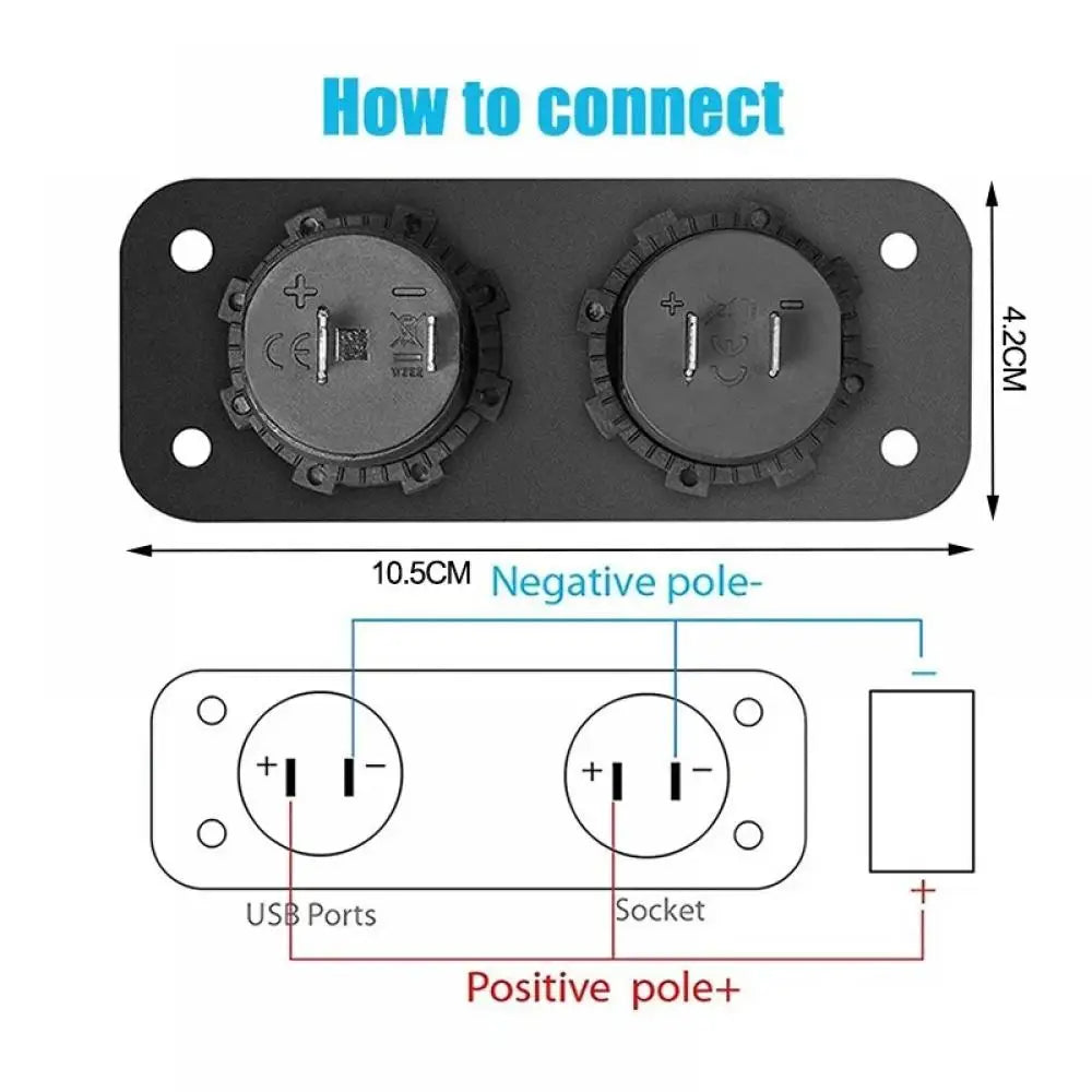 Dual USB Car Charger Socket with Voltmeter and Cigarette Lighter