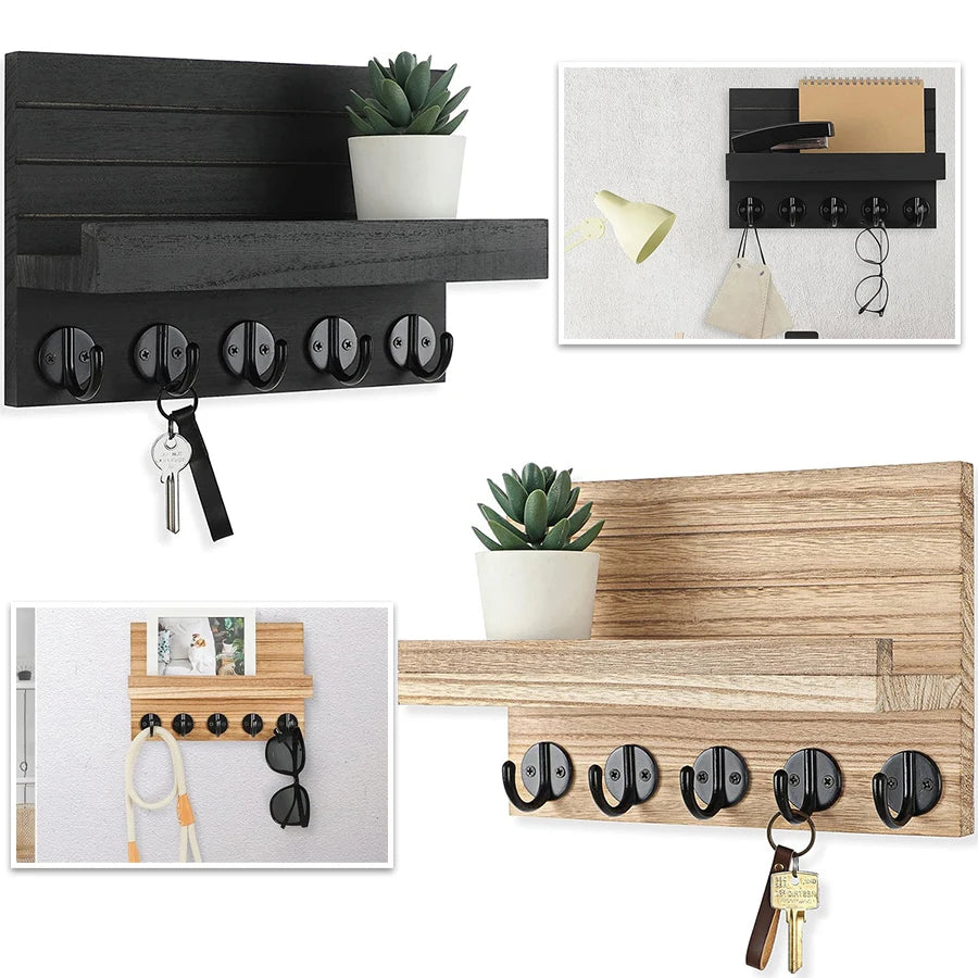 Wall Mounted Wooden Entryway Organizer with 5 Hooks - 1