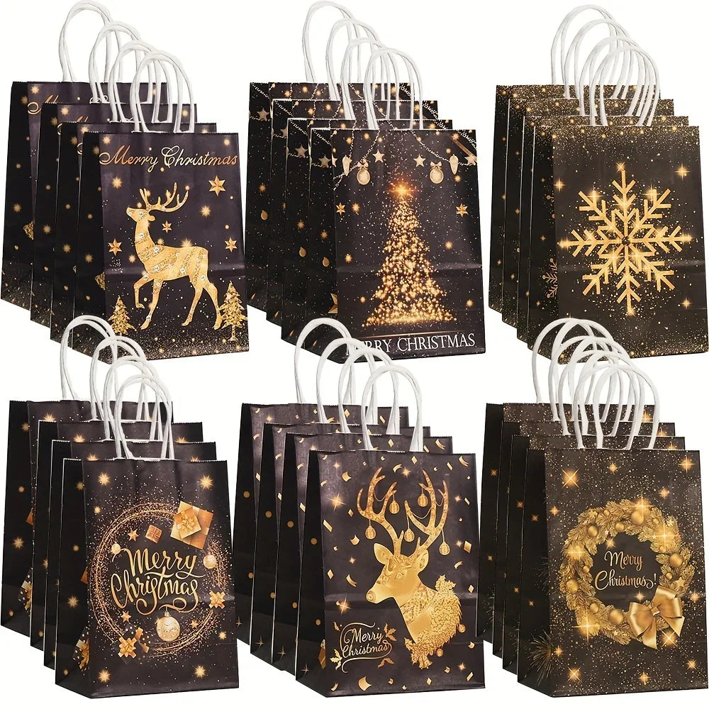 Decorative Holiday Kraft Paper Gift Bags with Handles