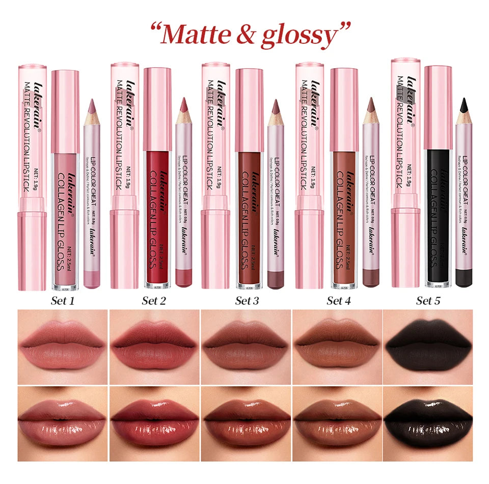 3-Piece Waterproof Matte Lipstick and Lip Liner Makeup Set - 8