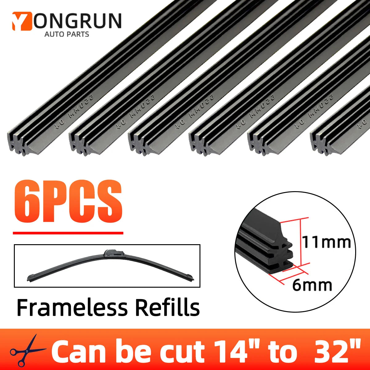 Universal Car Windshield Wiper Blade Rubber Refill Strips 6-Pack