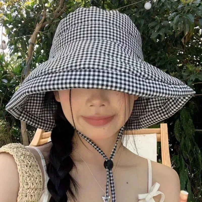 Women's Wide Brim Plaid Sun Hat for Summer Beach and Travel - 8