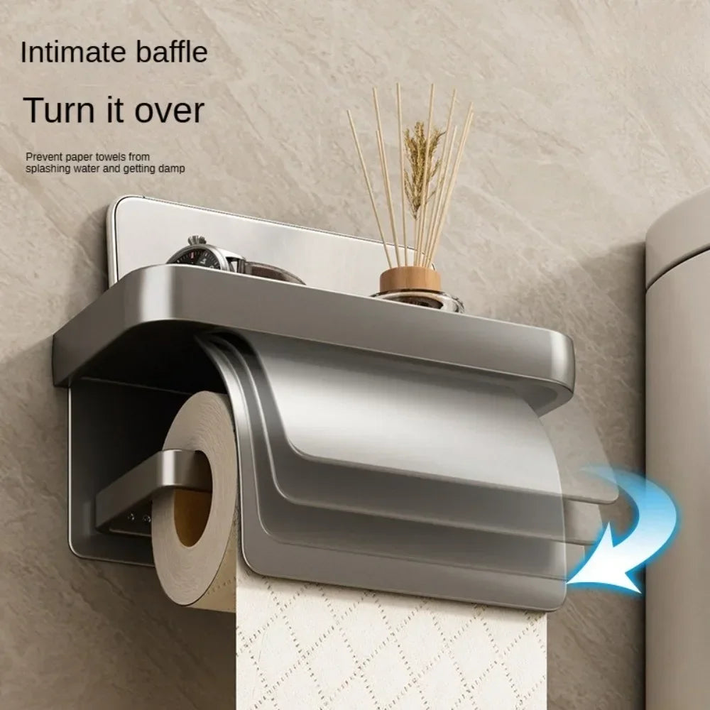 Wall-Mounted Aluminum Toilet Paper Holder with Storage Shelf