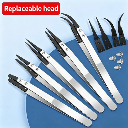 ESD-Safe Precision Tweezer Set with Replaceable Anti-Static Tips