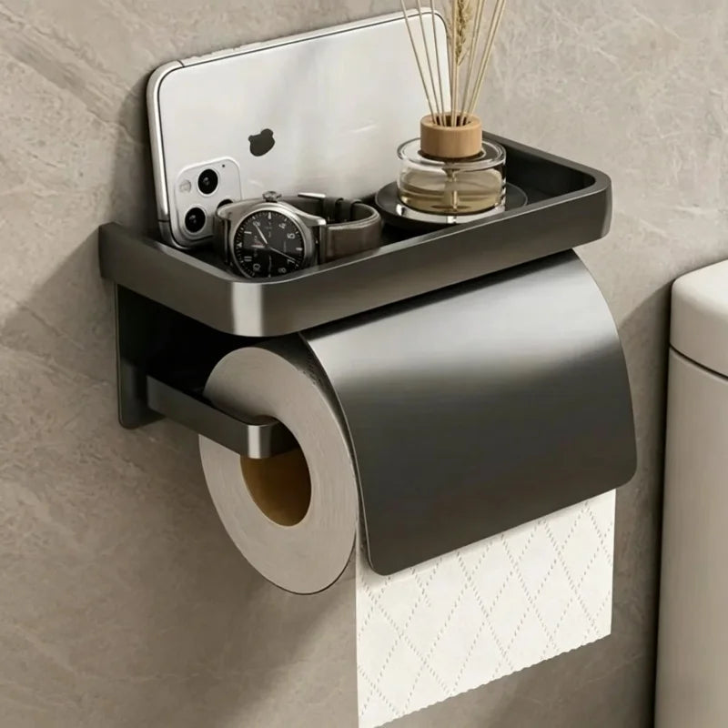 Wall-Mounted Aluminum Toilet Paper Holder with Storage Shelf - 12