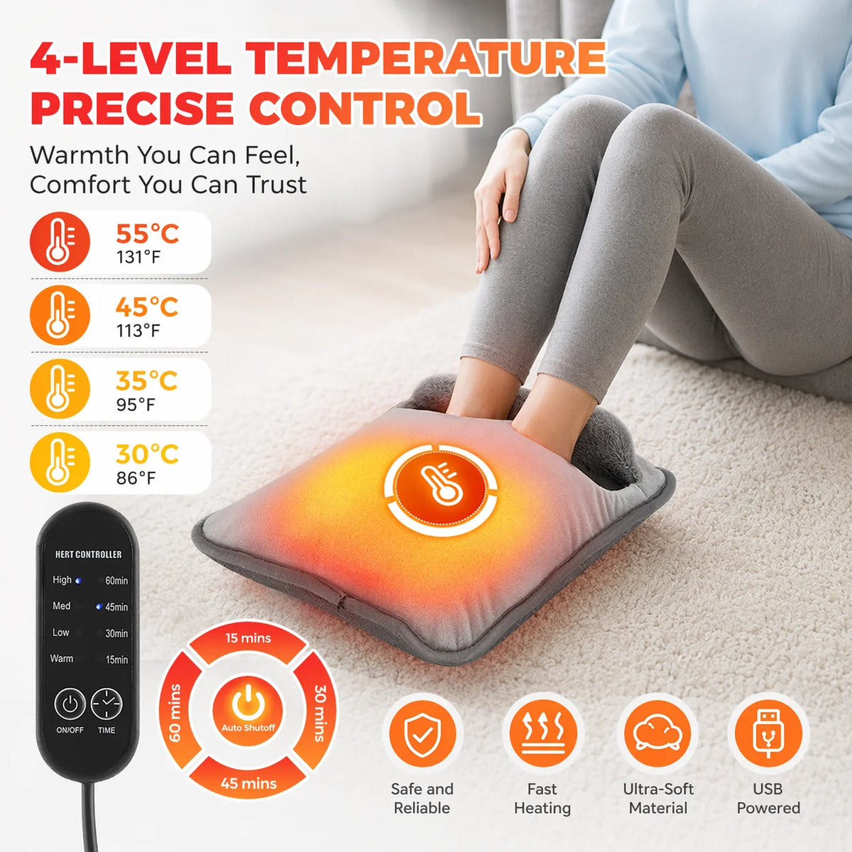 USB Heated Foot Warmer with Adjustable Heat and Timer Settings