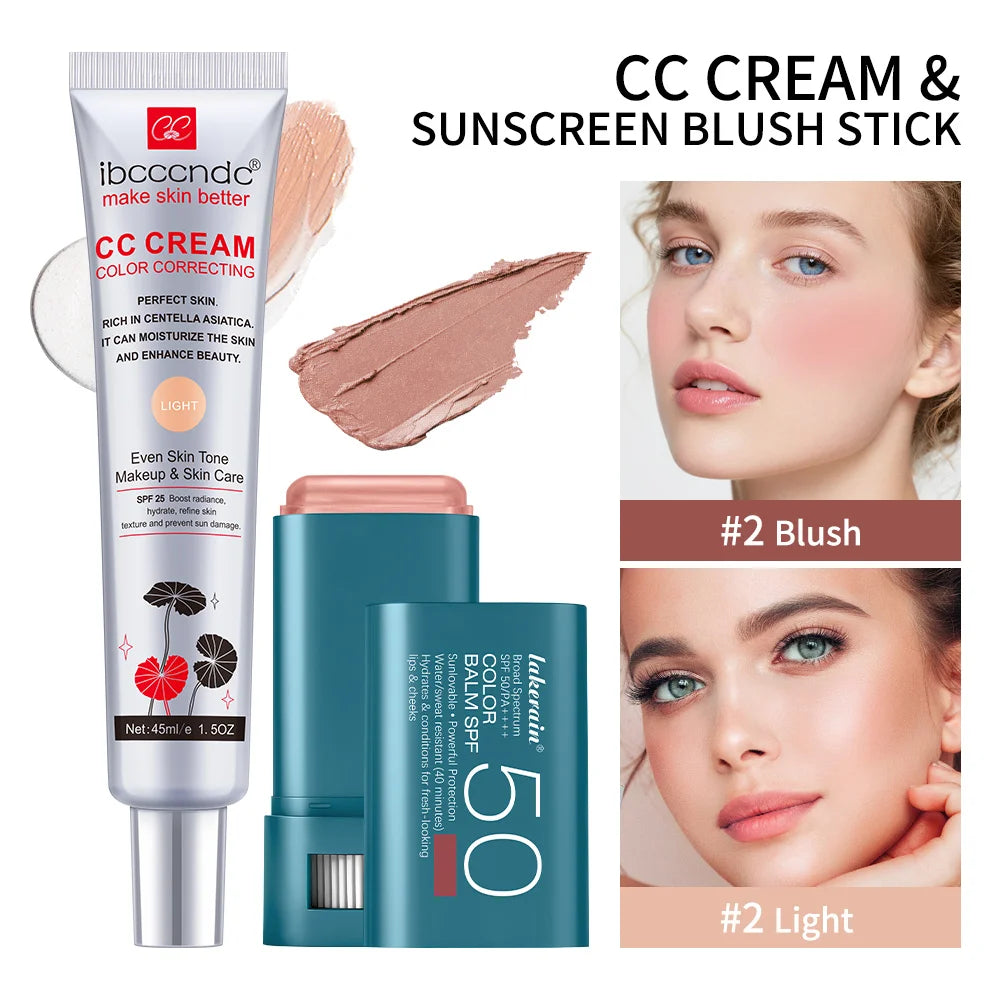 Color Correcting CC Cream and Sunscreen Blush Stick Set - 38