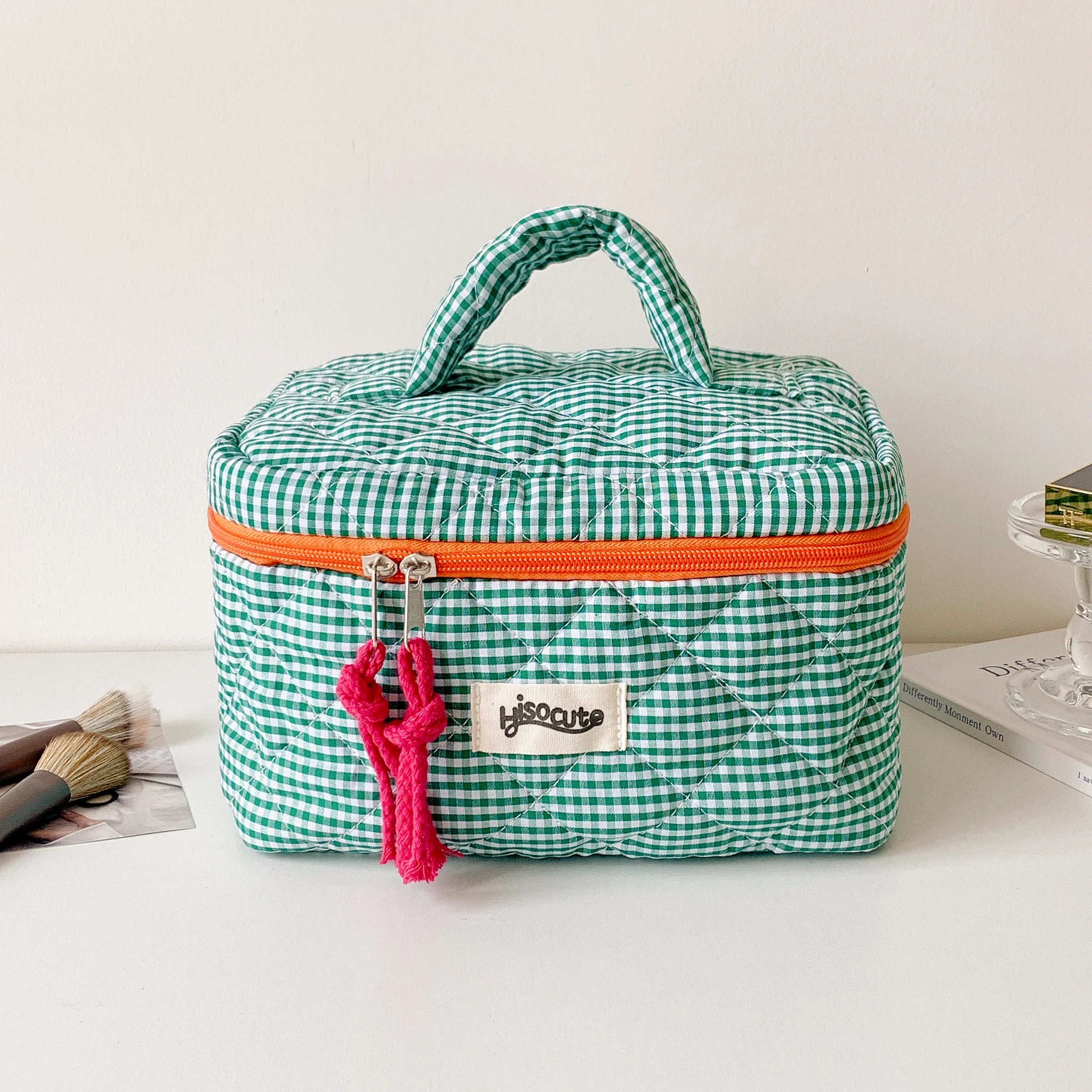 Portable Quilted Plaid Travel Makeup Bag - 16