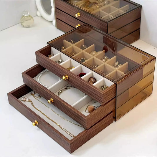 3-Layer Wooden Jewelry Organizer Box with Clear Display