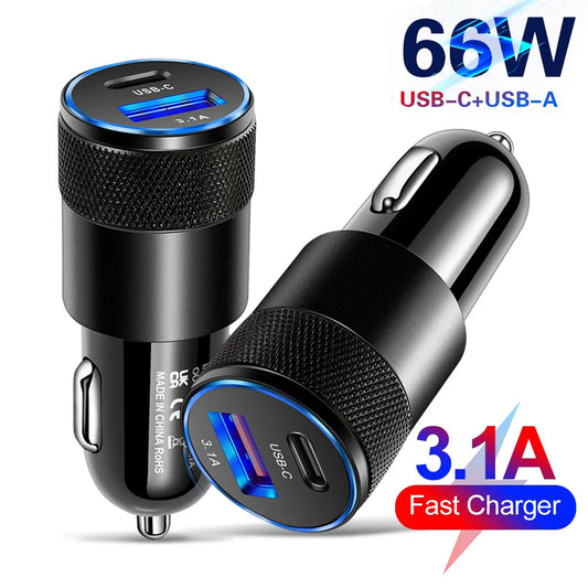 Dual Port USB-C and USB-A Fast Car Charger Adapter