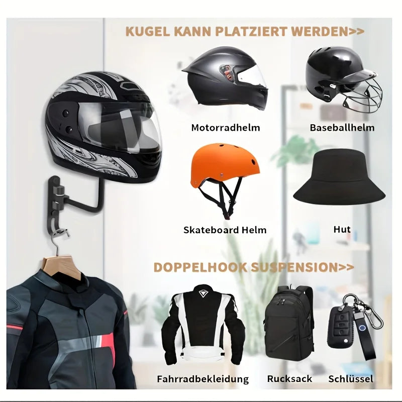 180 Degree Rotary Motorcycle Helmet Wall Rack Holder with Jacket Hook