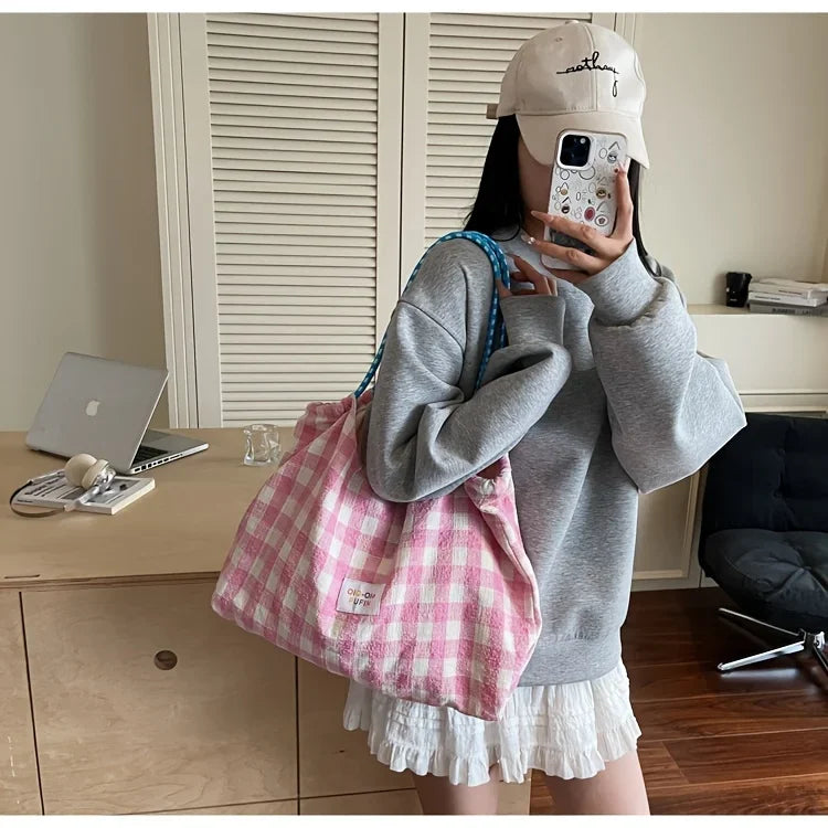 Versatile Plaid Shoulder Tote Bag for Commuter and Leisure - 21