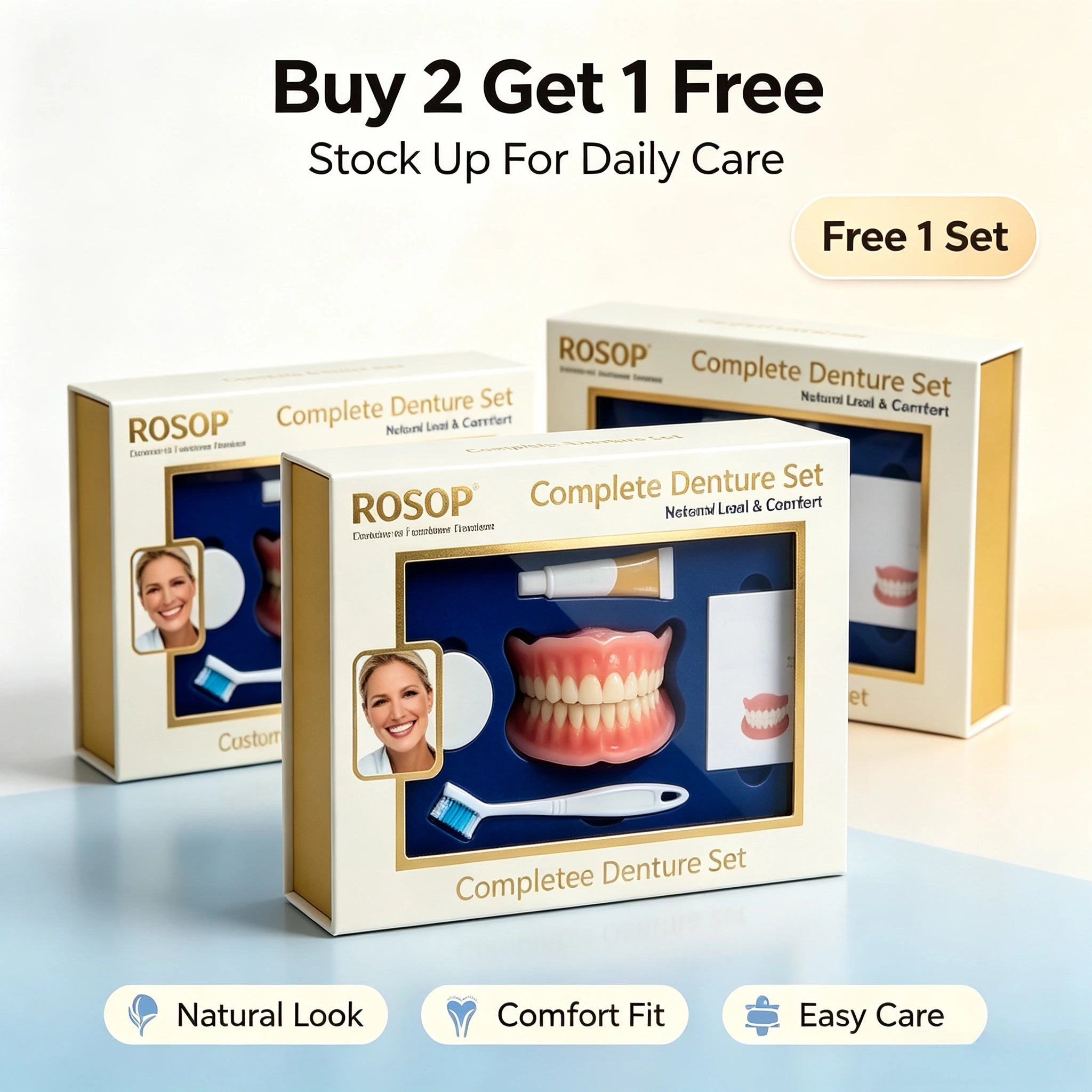 Custom Fit Silicone Cosmetic Denture Set with Toothbrush - 15
