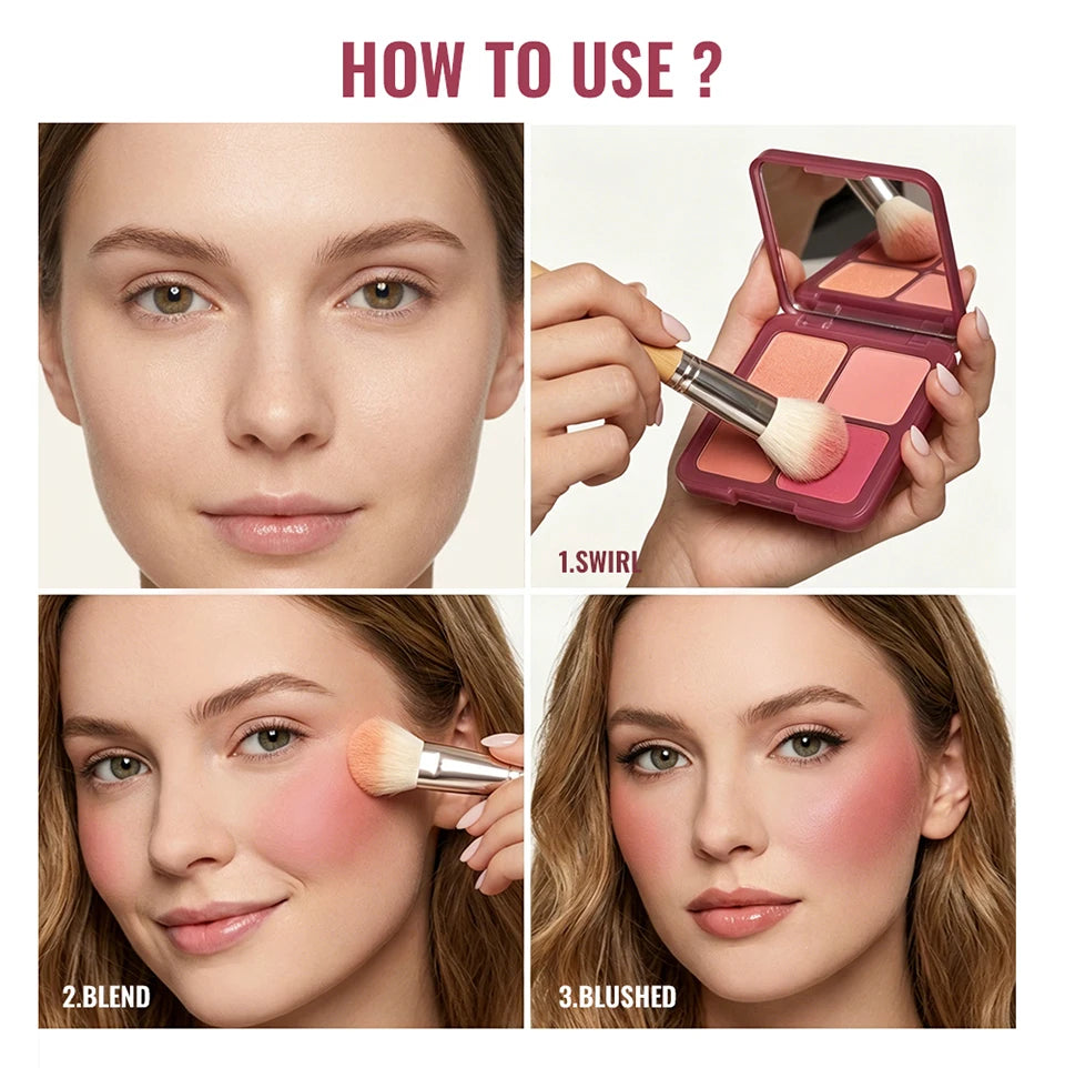 4-Color Matte Blush Palette with Makeup Brush