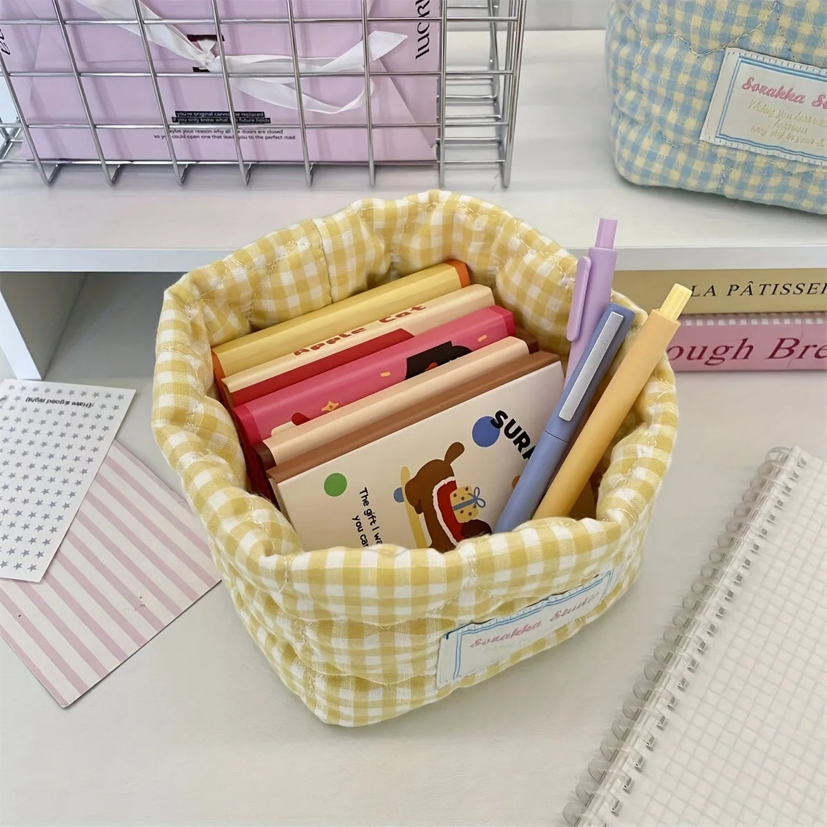 Foldable Plaid Quilted Desktop Storage Basket