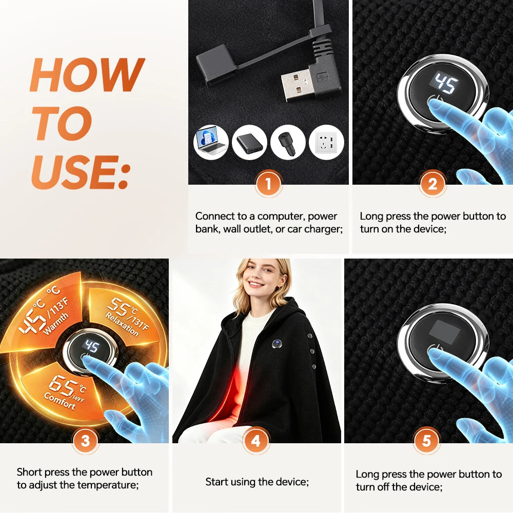 USB Heated Hooded Shawl Wearable Graphene Blanket - 14