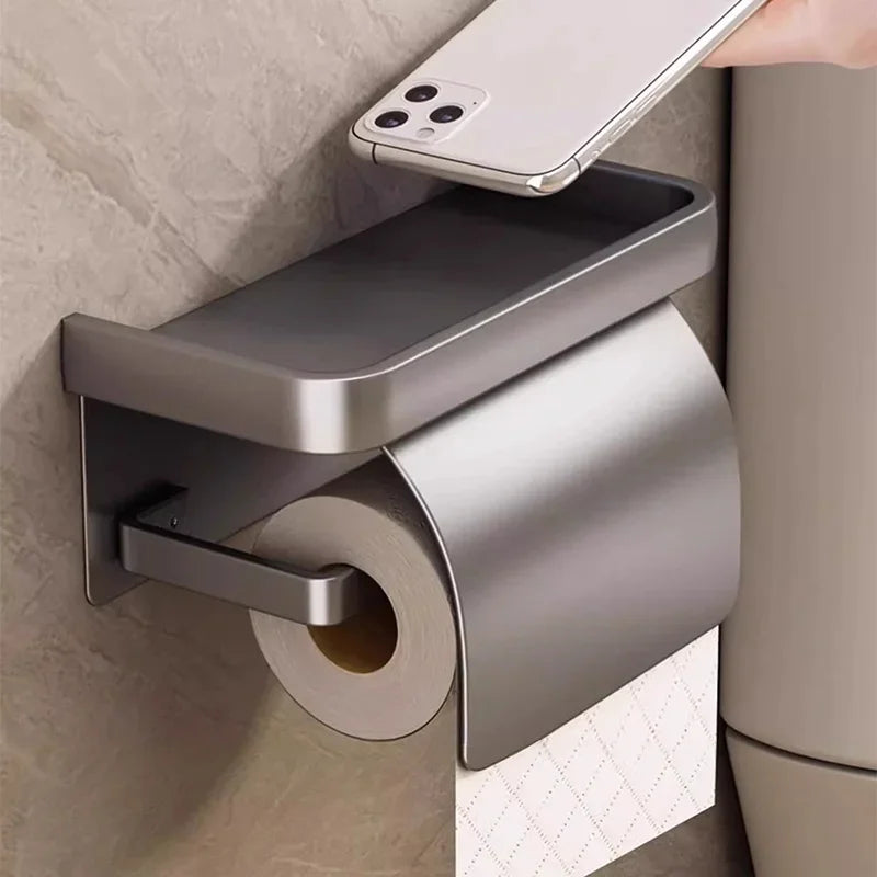 Wall-Mounted Aluminum Toilet Paper Holder with Storage Shelf