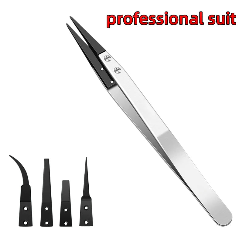 ESD-Safe Precision Tweezer Set with Replaceable Anti-Static Tips