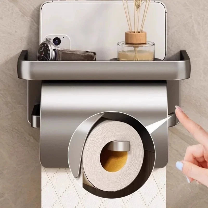 Wall-Mounted Aluminum Toilet Paper Holder with Storage Shelf - 4