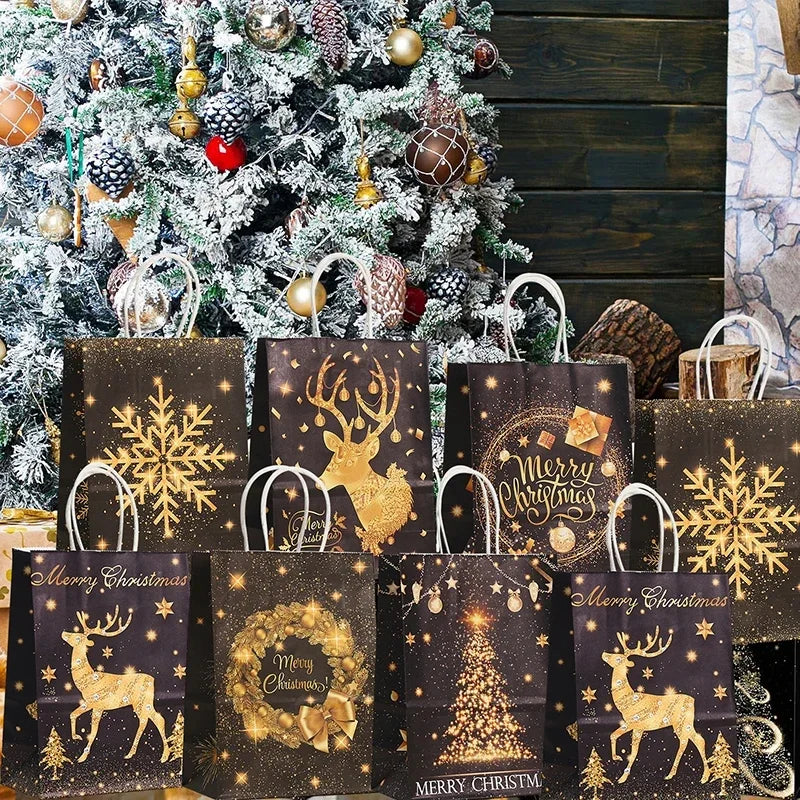 Decorative Holiday Kraft Paper Gift Bags with Handles