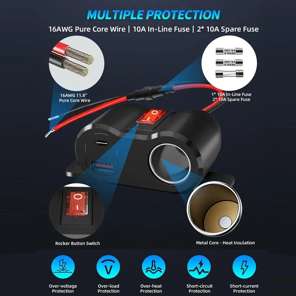 12V USB Car Charger Adapter PD3.0 QC3.0 Cigarette Lighter Socket Splitter