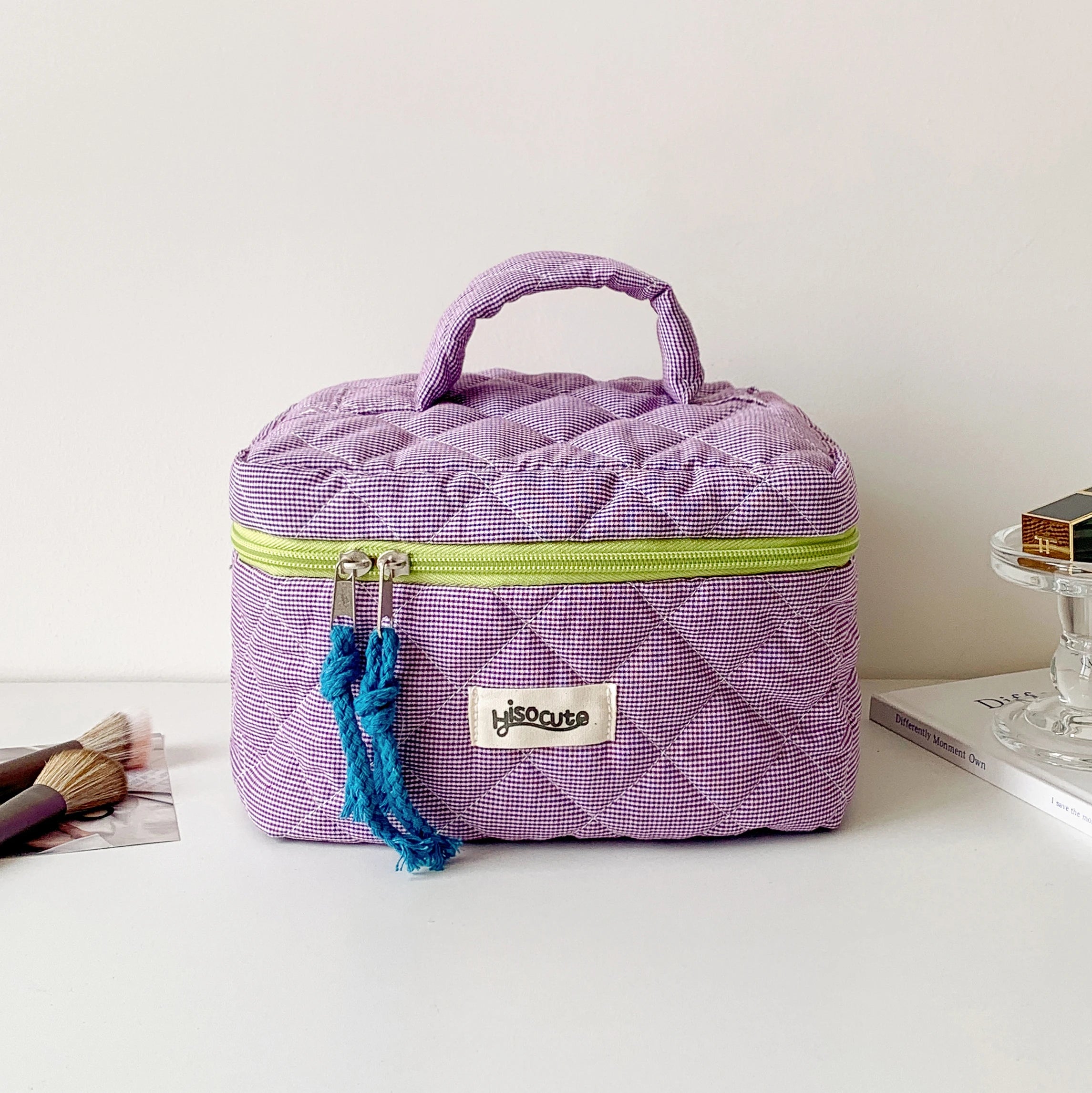 Portable Quilted Plaid Travel Makeup Bag - 17