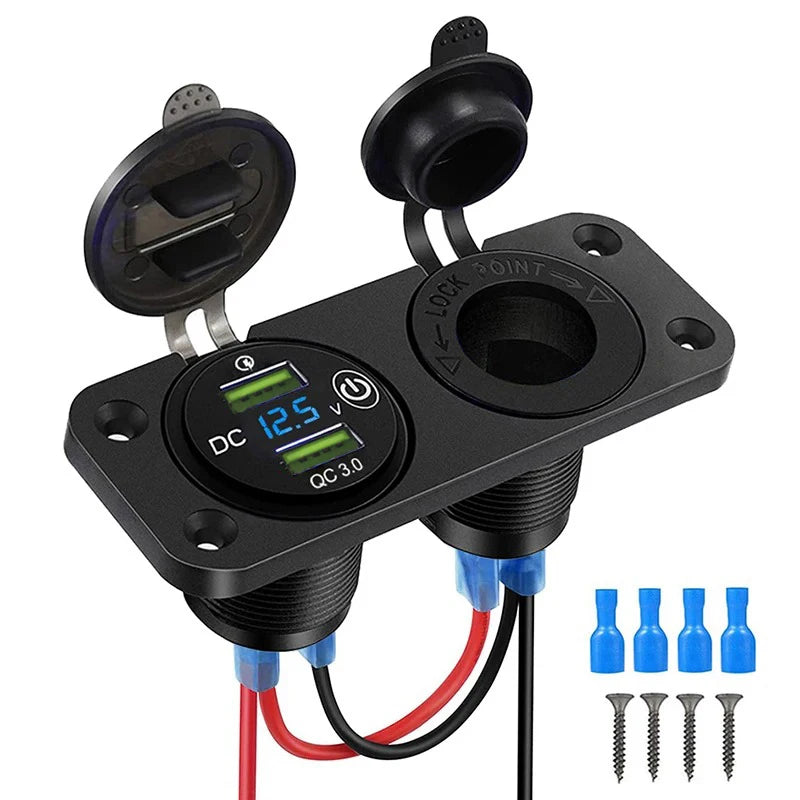 Dual USB Car Charger Socket with Voltmeter and Cigarette Lighter - 1