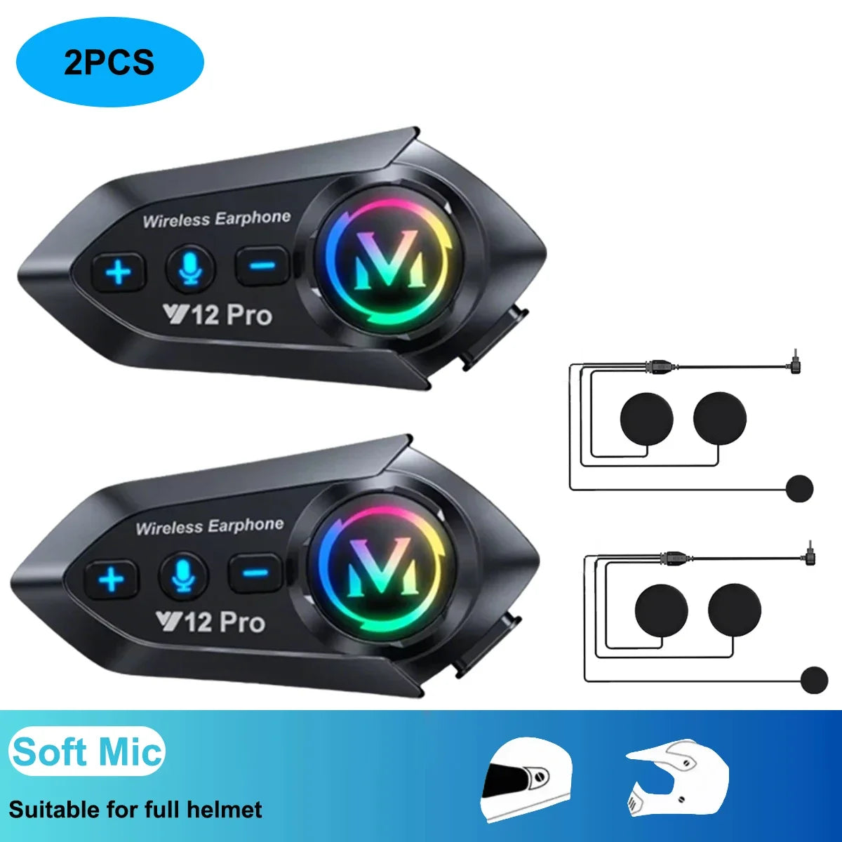 Wireless Motorcycle Helmet Bluetooth Headset with 500M Intercom - 24