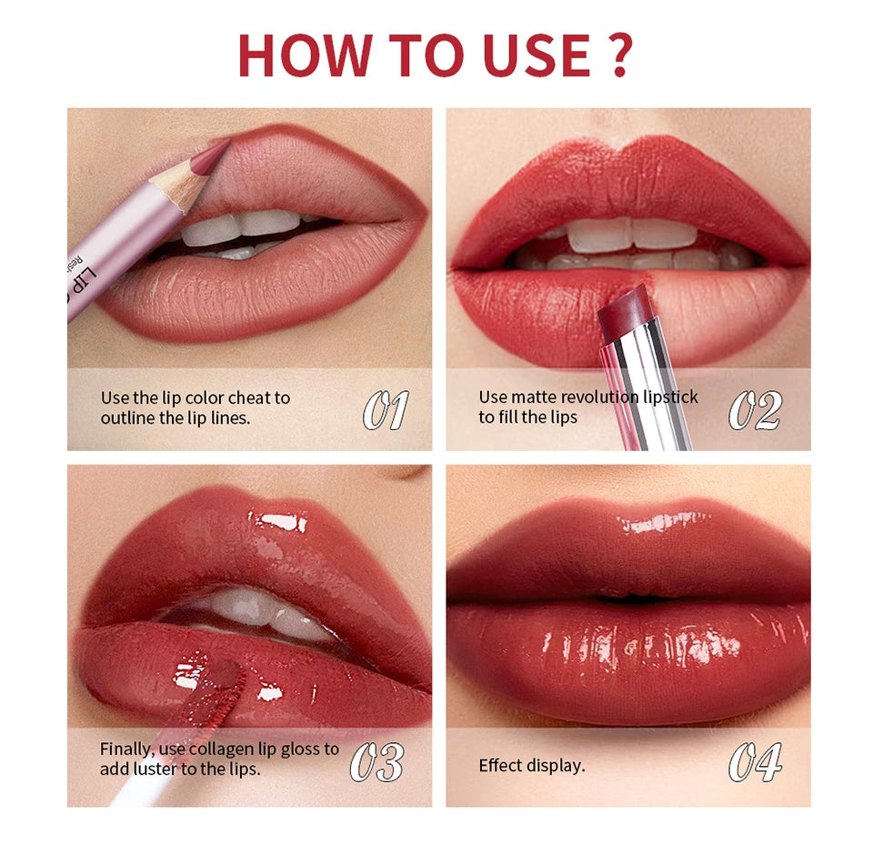 3-Piece Waterproof Matte Lipstick and Lip Liner Makeup Set - 14