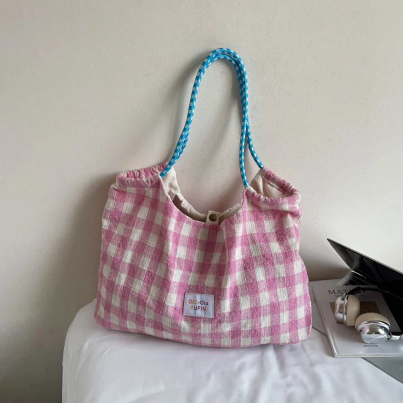 Versatile Plaid Shoulder Tote Bag for Commuter and Leisure - 25