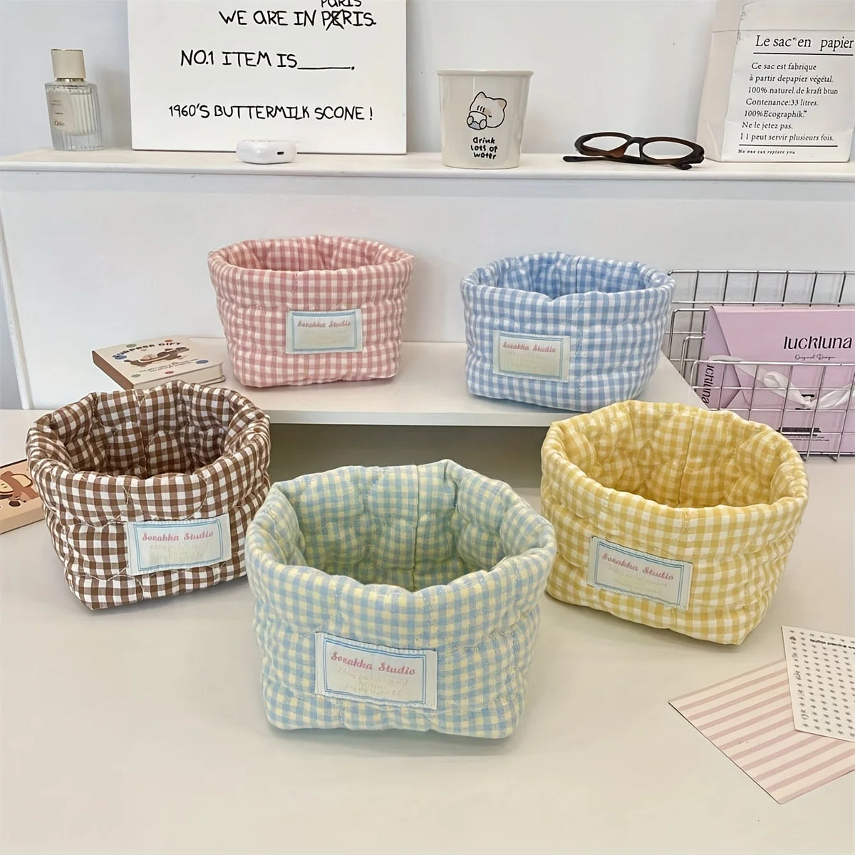 Foldable Plaid Quilted Desktop Storage Basket