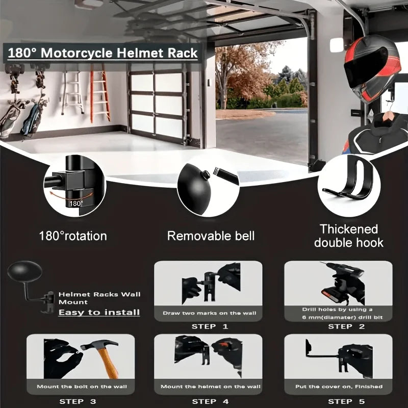 180° Rotating Wall-Mounted Helmet Rack for Motorcycle and Sports Gear