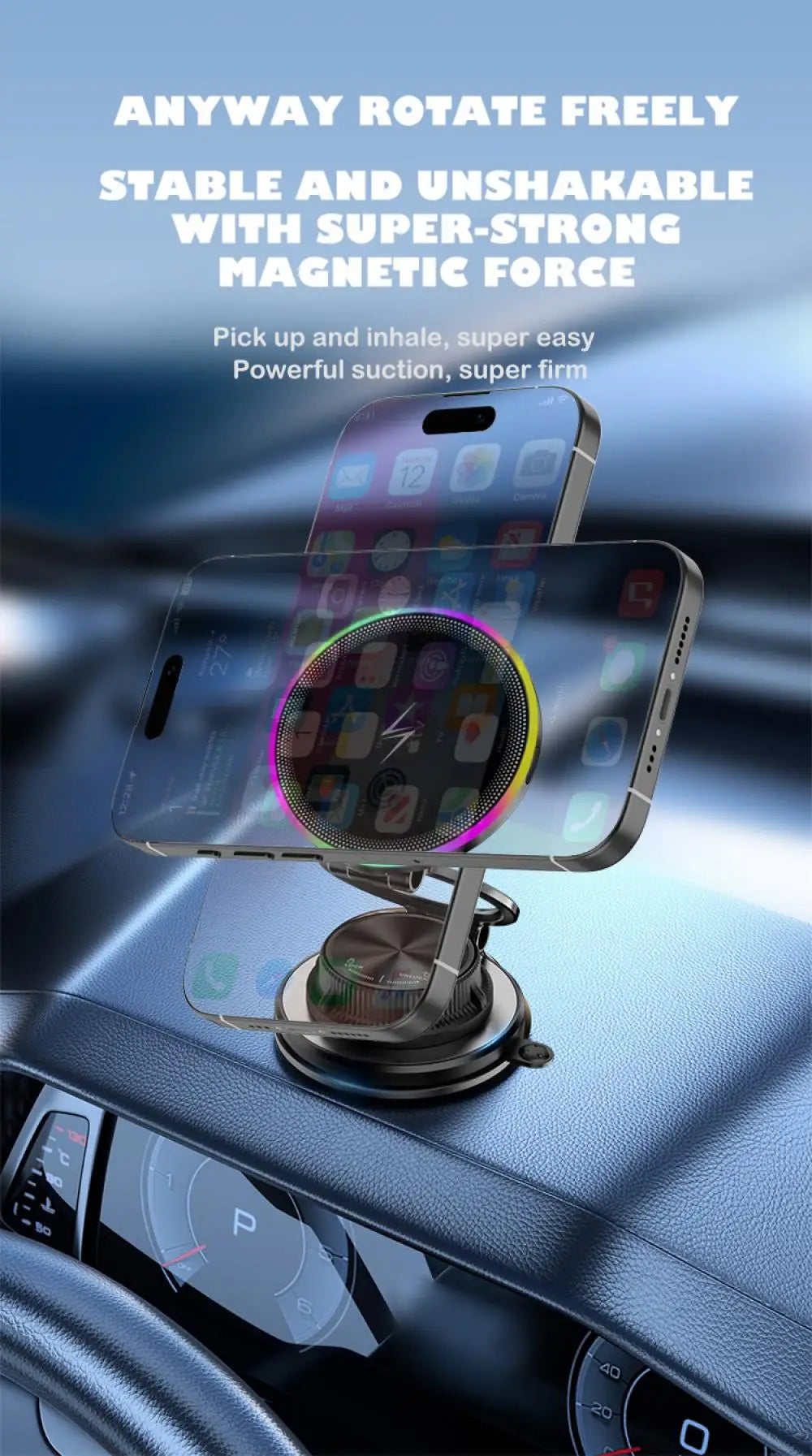 Magnetic Wireless Car Charger Mount with RGB Ambient Lighting