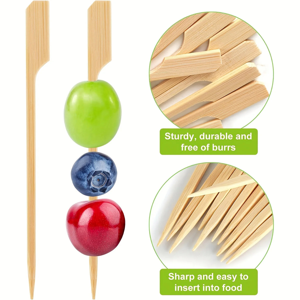 100Pcs Disposable Bamboo Skewers Natural BBQ Sticks and Cocktail Picks
