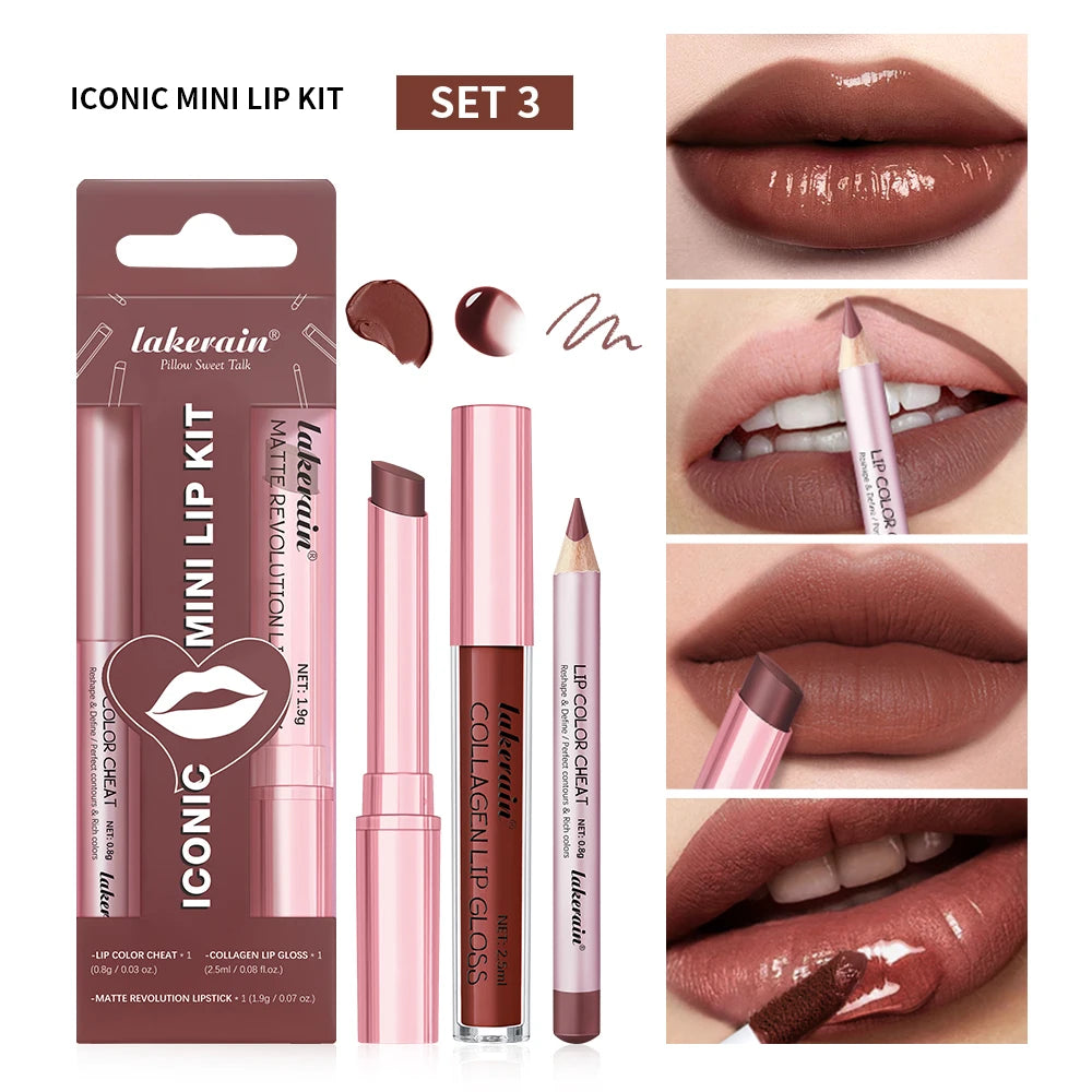 3-Piece Waterproof Matte Lipstick and Lip Liner Makeup Set - 21