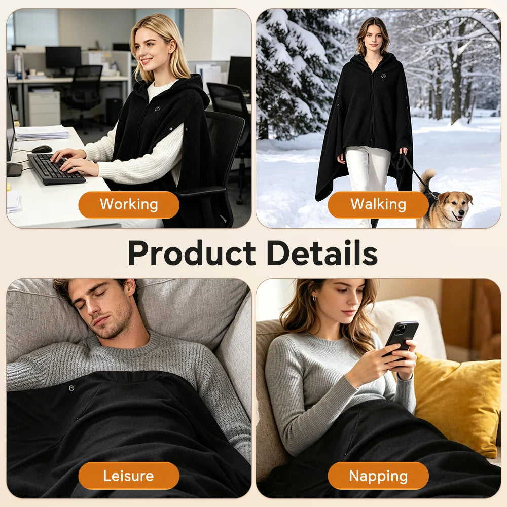 USB Heated Hooded Shawl Wearable Graphene Blanket