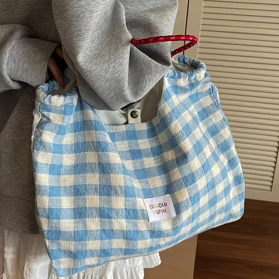 Versatile Plaid Shoulder Tote Bag for Commuter and Leisure