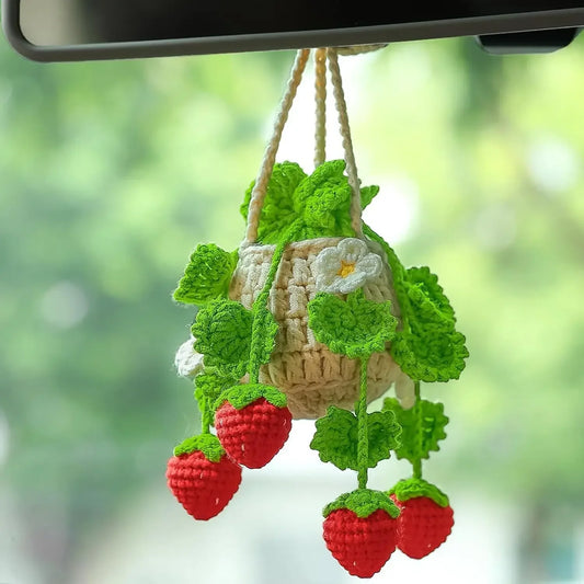 Crochet Strawberry Hanging Plant for Car Rear View Mirror