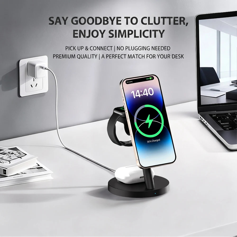 3-in-1 Magnetic Fast Wireless Charging Stand for Phone Watch and Earbuds